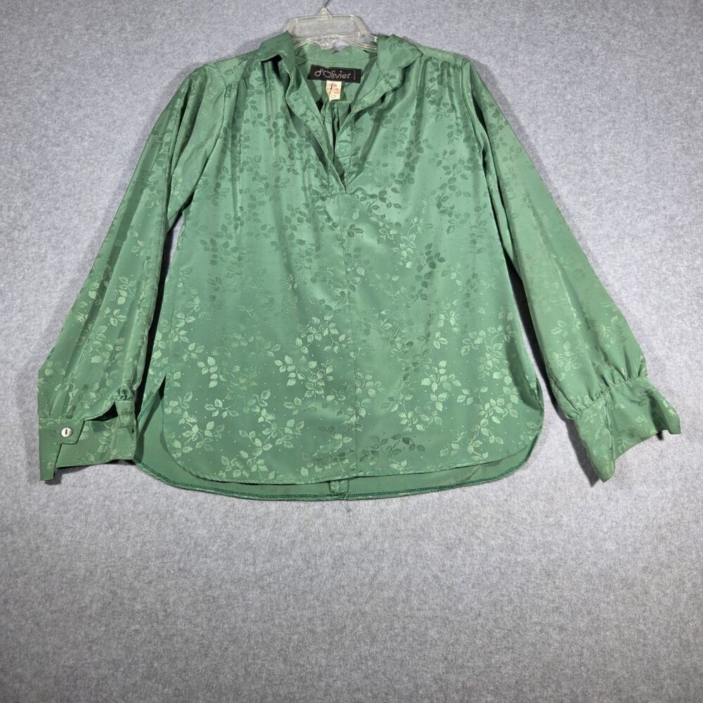 Vintage d'Olivier Green Floral Jacquard Blouse  Bow Tie Neck Long Sleeve M